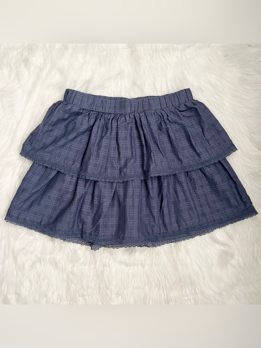 SO Blue Two Tier Mini Skirt With Plaid Pattern & Lace Trim